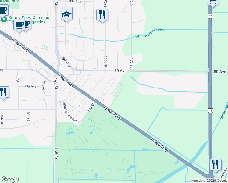 map of restaurants, bars, coffee shops, grocery stores, and more near 17155 79A Avenue in Surrey