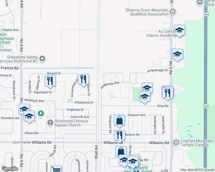 map of restaurants, bars, coffee shops, grocery stores, and more near 11286 Kingcome Avenue in Richmond