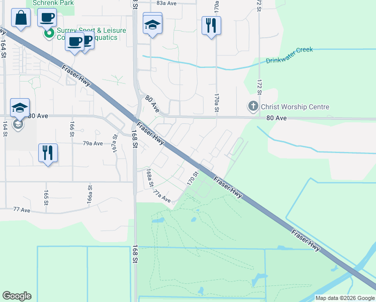 map of restaurants, bars, coffee shops, grocery stores, and more near 17030 79A Avenue in Surrey