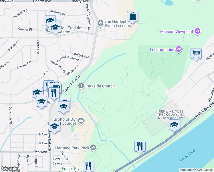 map of restaurants, bars, coffee shops, grocery stores, and more near 33970 Tooley Place in Mission