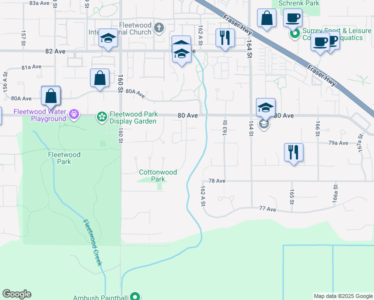 map of restaurants, bars, coffee shops, grocery stores, and more near 7882 162 Street in Surrey