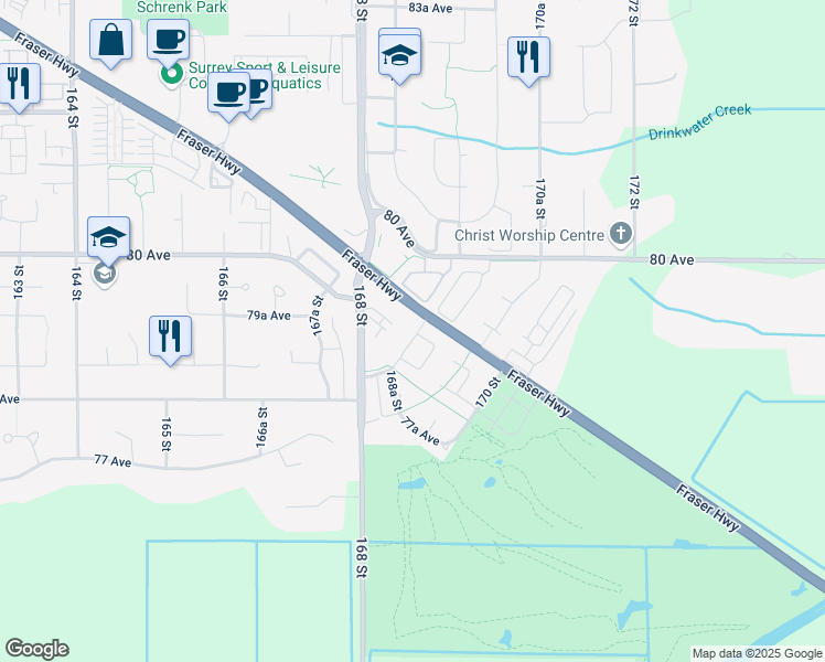 map of restaurants, bars, coffee shops, grocery stores, and more near in Surrey