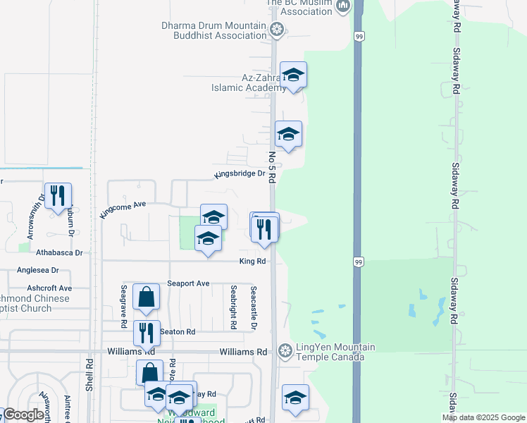 map of restaurants, bars, coffee shops, grocery stores, and more near 9151 Number 5 Road in Richmond