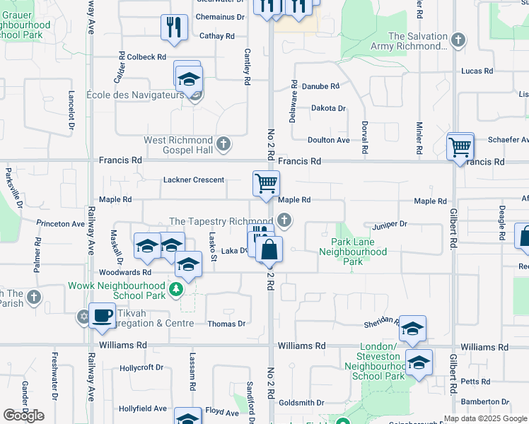 map of restaurants, bars, coffee shops, grocery stores, and more near 9191 Number 2 Road in Richmond