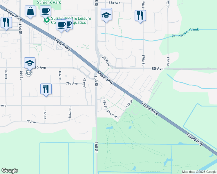 map of restaurants, bars, coffee shops, grocery stores, and more near 7893 168A Street in Surrey