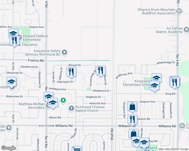 map of restaurants, bars, coffee shops, grocery stores, and more near 9220 Arrowsmith Drive in Richmond