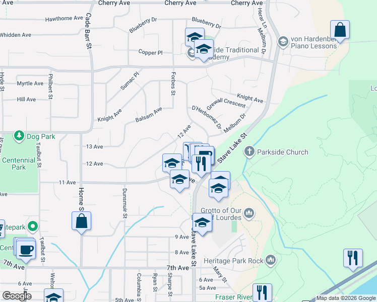 map of restaurants, bars, coffee shops, grocery stores, and more near 7935 Topper Drive in Mission