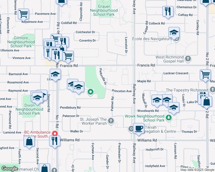 map of restaurants, bars, coffee shops, grocery stores, and more near 9360 Parksville Drive in Richmond