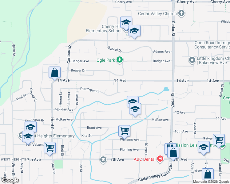map of restaurants, bars, coffee shops, grocery stores, and more near 7961 Tanager Street in Mission