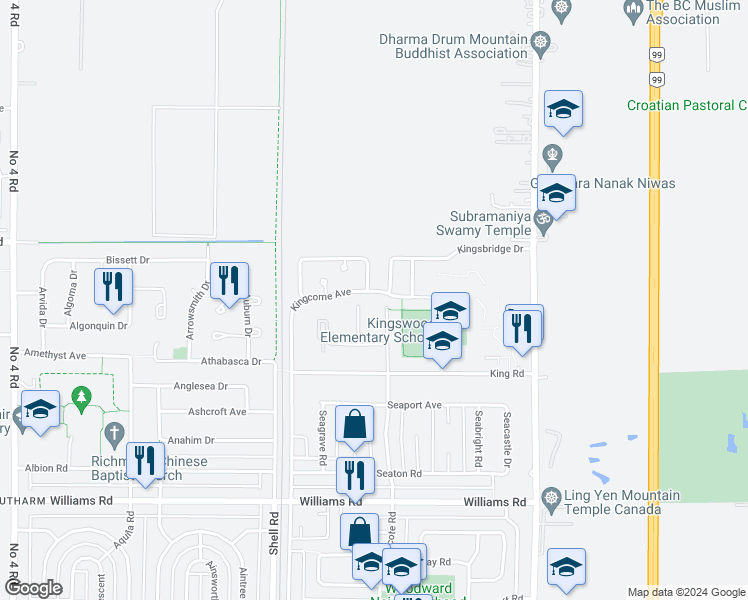 map of restaurants, bars, coffee shops, grocery stores, and more near 11402 Kingcome Avenue in Richmond