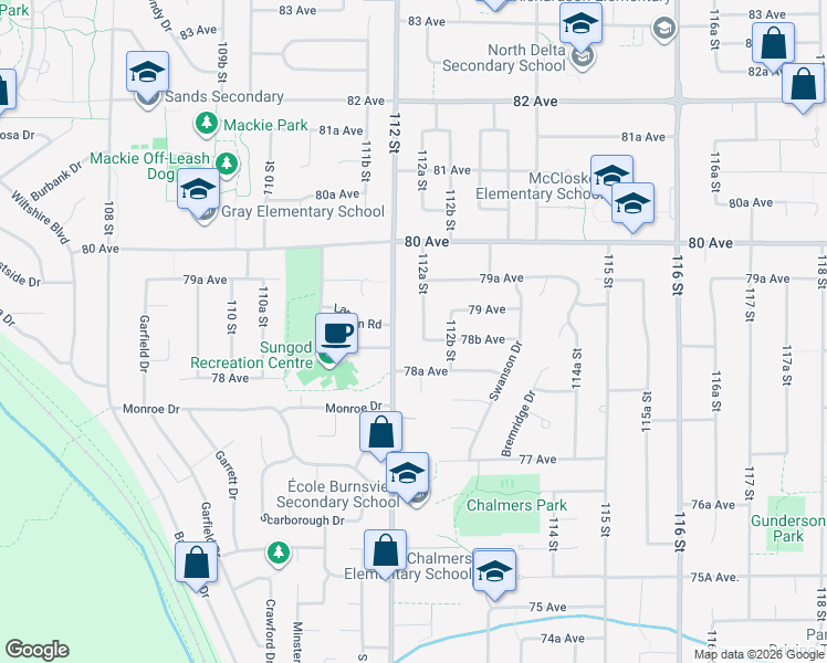 map of restaurants, bars, coffee shops, grocery stores, and more near 7881 112A Street in Delta