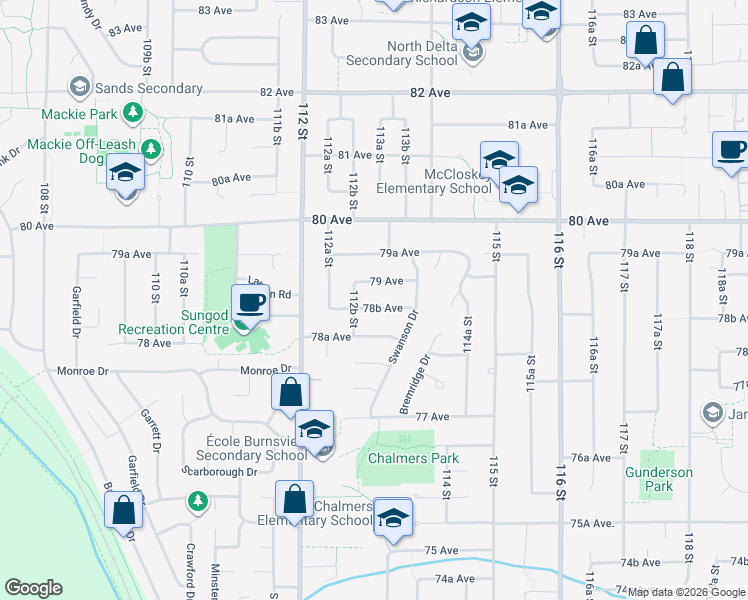 map of restaurants, bars, coffee shops, grocery stores, and more near 11299 78B Avenue in Delta