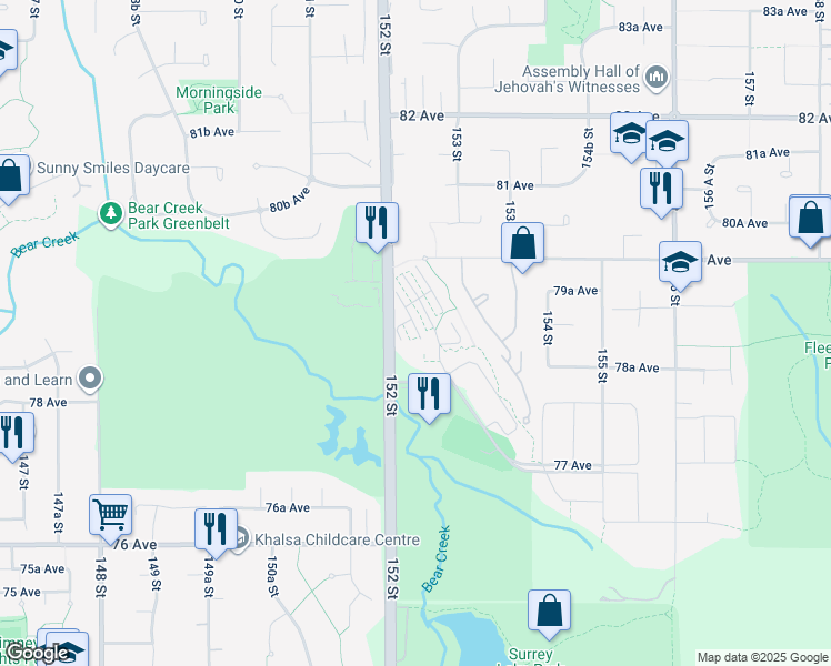 map of restaurants, bars, coffee shops, grocery stores, and more near 7868 152 Street in Surrey