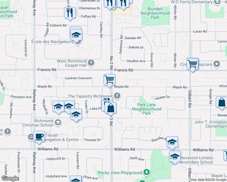 map of restaurants, bars, coffee shops, grocery stores, and more near 6028 Maple Road in Richmond