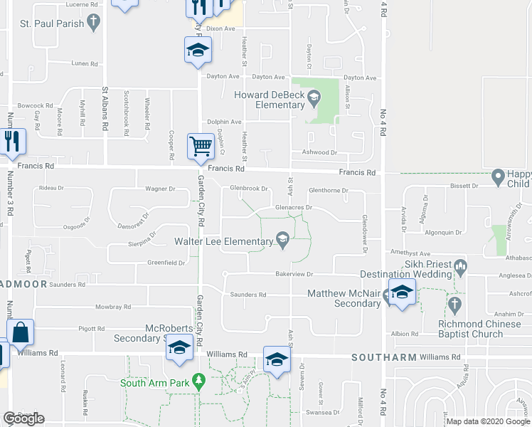 map of restaurants, bars, coffee shops, grocery stores, and more near 9340 Glenacres Drive in Richmond