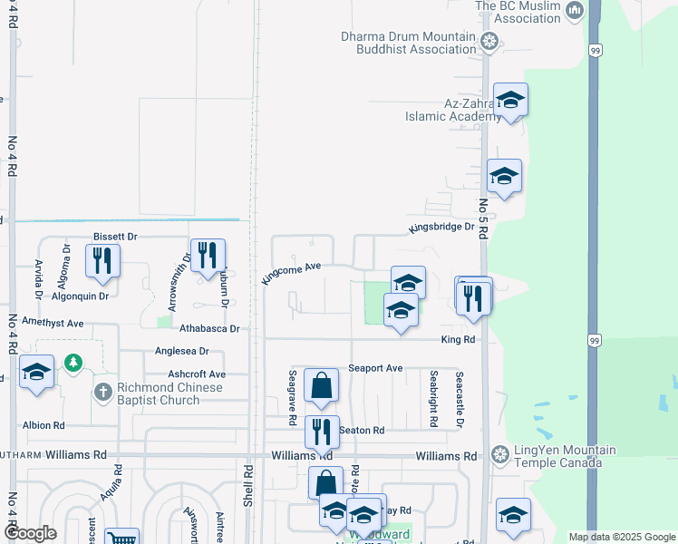 map of restaurants, bars, coffee shops, grocery stores, and more near 11402 Kingcome Avenue in Richmond