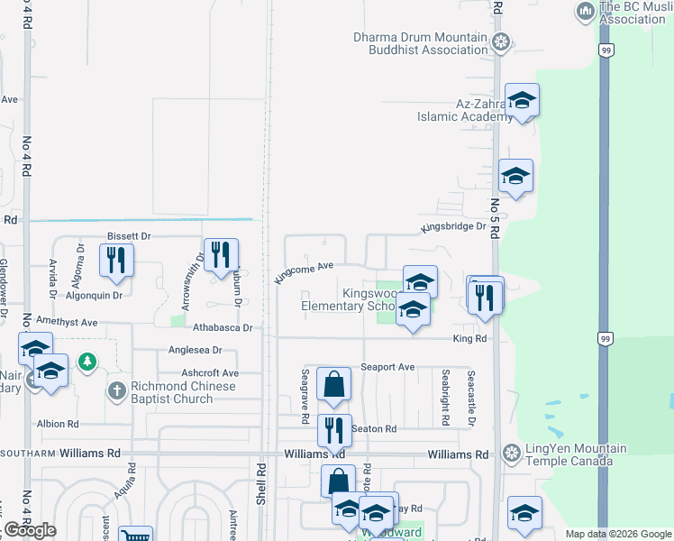 map of restaurants, bars, coffee shops, grocery stores, and more near 11366 Kingcome Avenue in Richmond