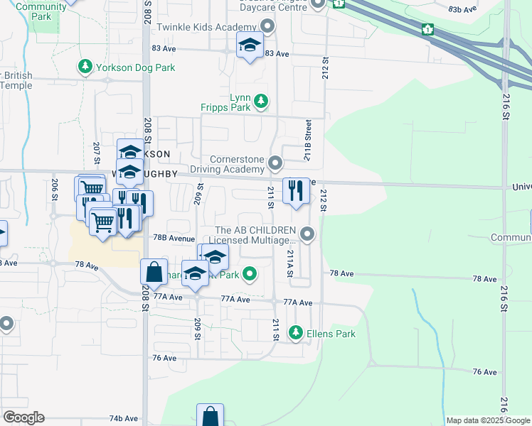 map of restaurants, bars, coffee shops, grocery stores, and more near 7891 211 Street in Langley Township