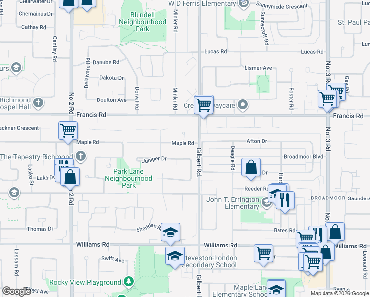map of restaurants, bars, coffee shops, grocery stores, and more near 6811 Juniper Drive in Richmond