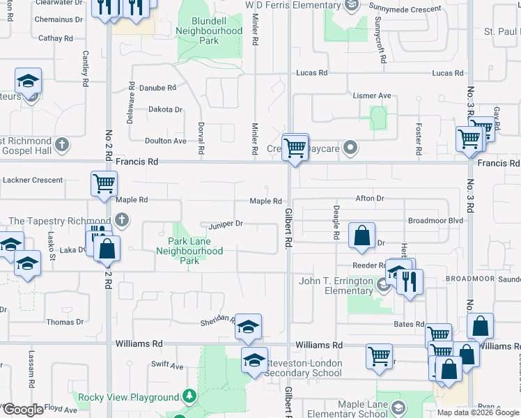 map of restaurants, bars, coffee shops, grocery stores, and more near 6680 Maple Road in Richmond