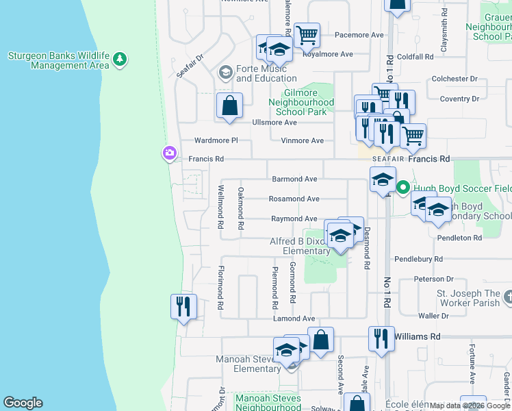 map of restaurants, bars, coffee shops, grocery stores, and more near 3420 Rosamond Avenue in Richmond