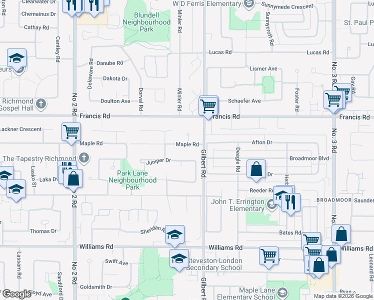 map of restaurants, bars, coffee shops, grocery stores, and more near 6711 Juniper Drive in Richmond