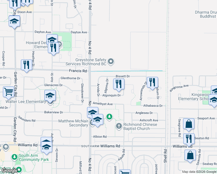 map of restaurants, bars, coffee shops, grocery stores, and more near 9340 Algoma Drive in Richmond