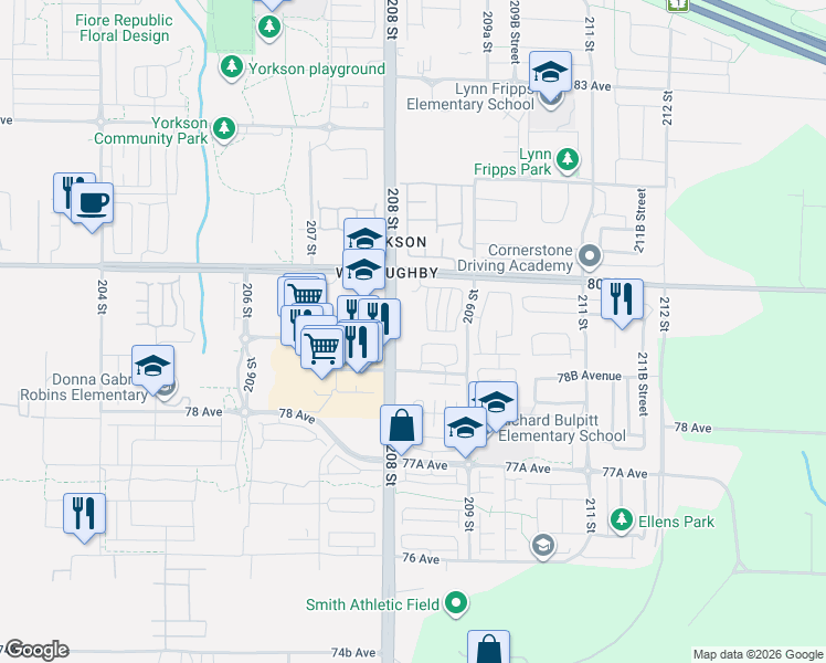 map of restaurants, bars, coffee shops, grocery stores, and more near 20834 80 Avenue in Langley Township