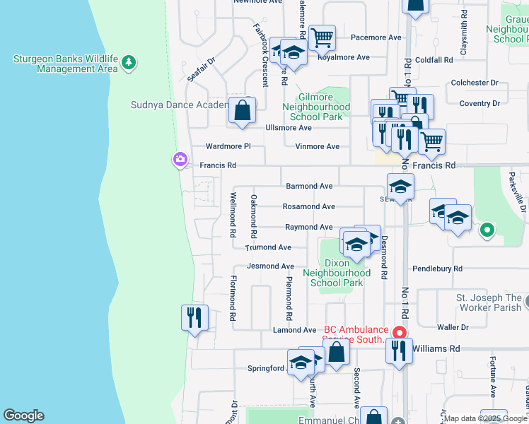 map of restaurants, bars, coffee shops, grocery stores, and more near 2550 Rosamond Avenue in Richmond