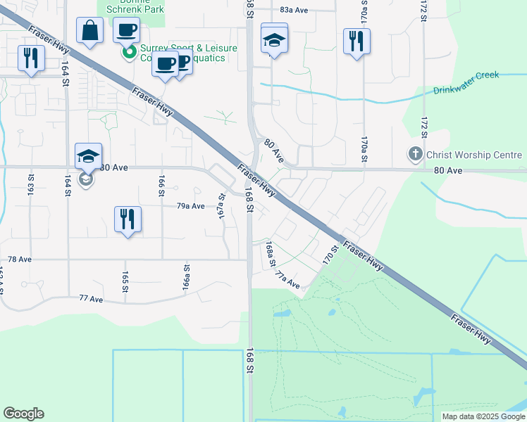 map of restaurants, bars, coffee shops, grocery stores, and more near 16828 Boxwood Drive in Surrey