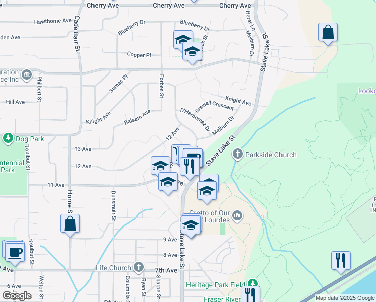 map of restaurants, bars, coffee shops, grocery stores, and more near 7951 Topper Drive in Mission