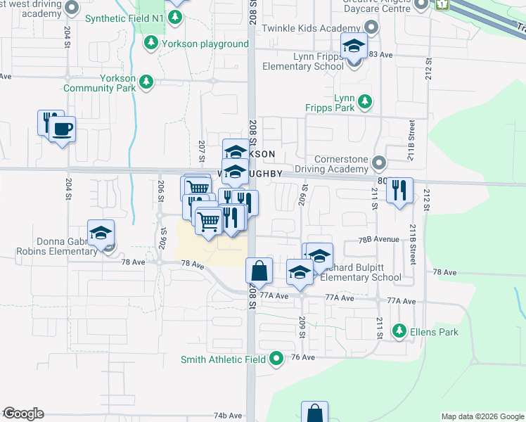 map of restaurants, bars, coffee shops, grocery stores, and more near in Langley Township