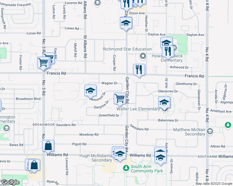 map of restaurants, bars, coffee shops, grocery stores, and more near 8900 Demorest Drive in Richmond