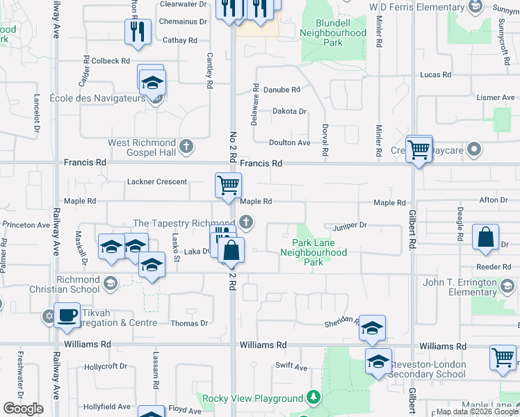 map of restaurants, bars, coffee shops, grocery stores, and more near 6100 Maple Road in Richmond