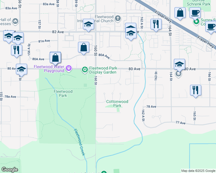 map of restaurants, bars, coffee shops, grocery stores, and more near 16088 79 Avenue in Surrey