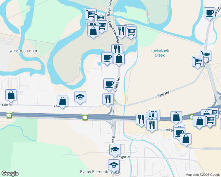 map of restaurants, bars, coffee shops, grocery stores, and more near 7955 Evans Road in Chilliwack