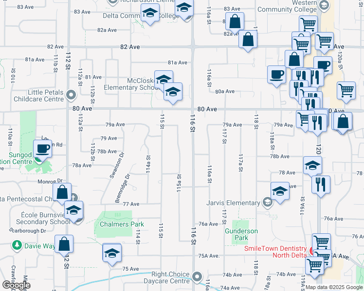 map of restaurants, bars, coffee shops, grocery stores, and more near 7888 115A Street in Delta