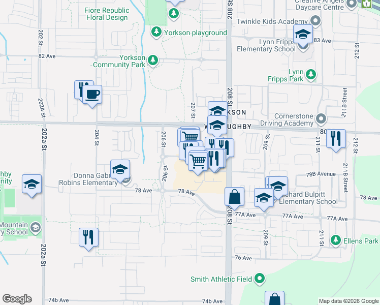 map of restaurants, bars, coffee shops, grocery stores, and more near 20689 Willoughby Town Centre Drive in Langley Township