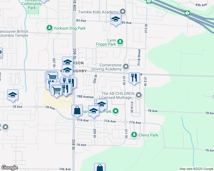 map of restaurants, bars, coffee shops, grocery stores, and more near 7938 209 Street in Langley Township
