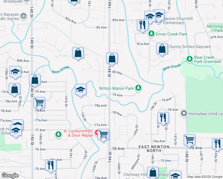 map of restaurants, bars, coffee shops, grocery stores, and more near 7930 144 Street in Surrey