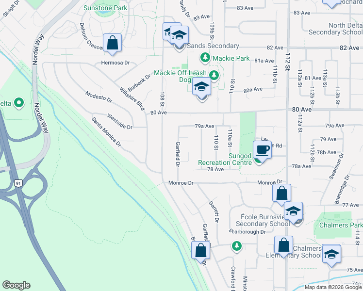 map of restaurants, bars, coffee shops, grocery stores, and more near 7888 Garfield Drive in Delta