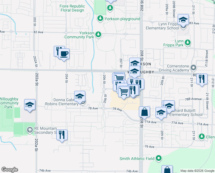 map of restaurants, bars, coffee shops, grocery stores, and more near 7920 206 Street in Langley Township
