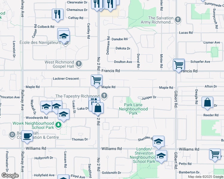 map of restaurants, bars, coffee shops, grocery stores, and more near 6120 Maple Road in Richmond