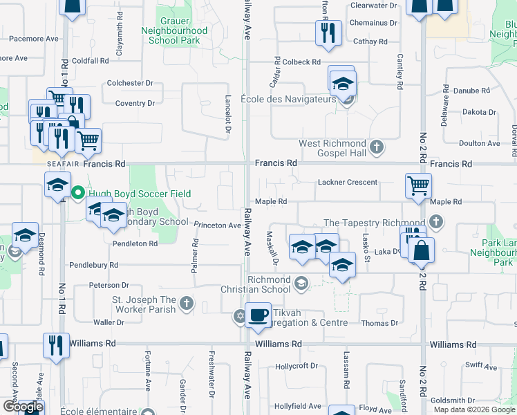 map of restaurants, bars, coffee shops, grocery stores, and more near 9260 Railway Avenue in Richmond