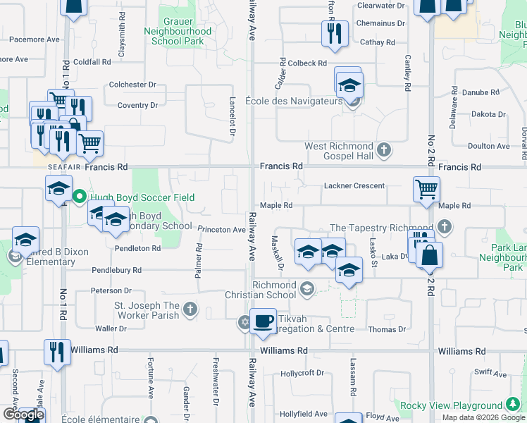 map of restaurants, bars, coffee shops, grocery stores, and more near 5028 Maple Road in Richmond