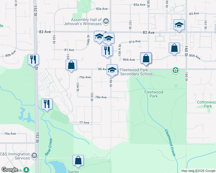 map of restaurants, bars, coffee shops, grocery stores, and more near 7931 156 Street in Surrey