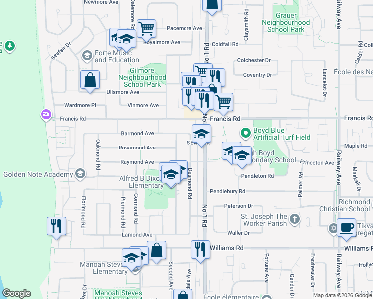 map of restaurants, bars, coffee shops, grocery stores, and more near 9131 Desmond Road in Richmond