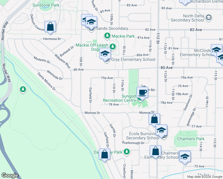 map of restaurants, bars, coffee shops, grocery stores, and more near 7901 110 Street in Delta