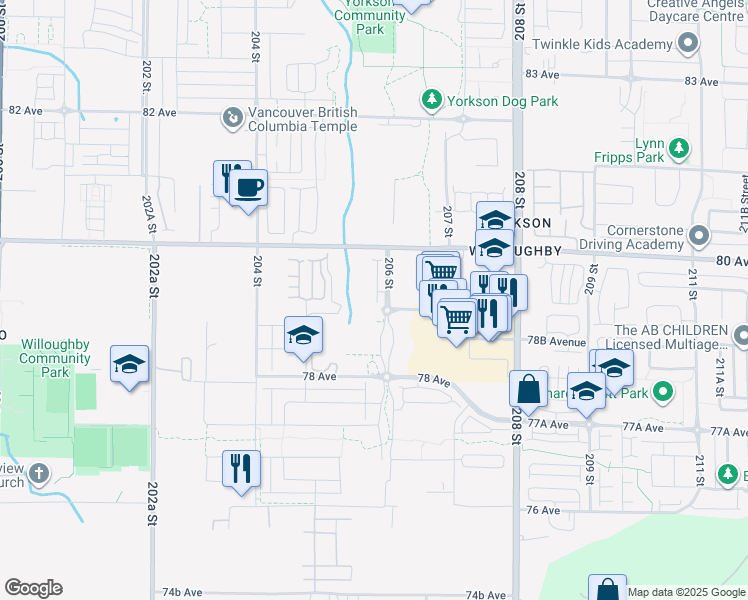 map of restaurants, bars, coffee shops, grocery stores, and more near 7937 206 Street in Langley Township