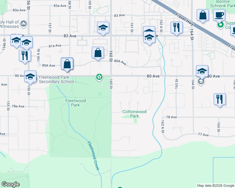 map of restaurants, bars, coffee shops, grocery stores, and more near 16050 79 Avenue in Surrey